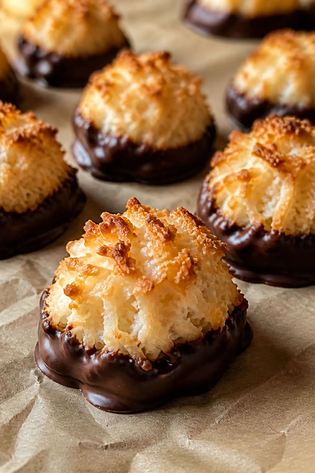 Coconut macaroons with chocolate dipping on a parchment-lined sheet