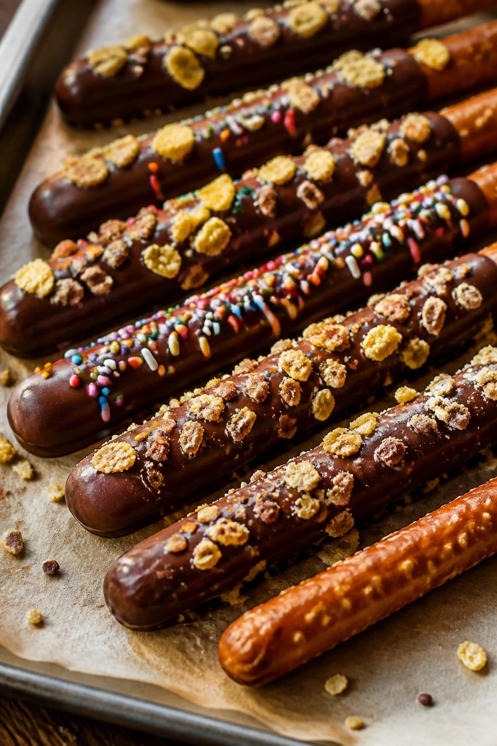 Chocolate-dipped pretzel rods with sprinkles on parchment