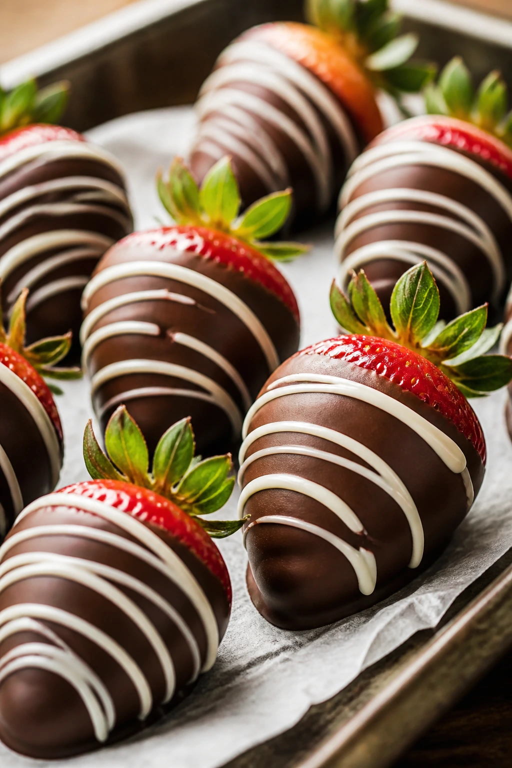 Close-up of glossy chocolate-dipped strawberries on parchment in a kitchen.