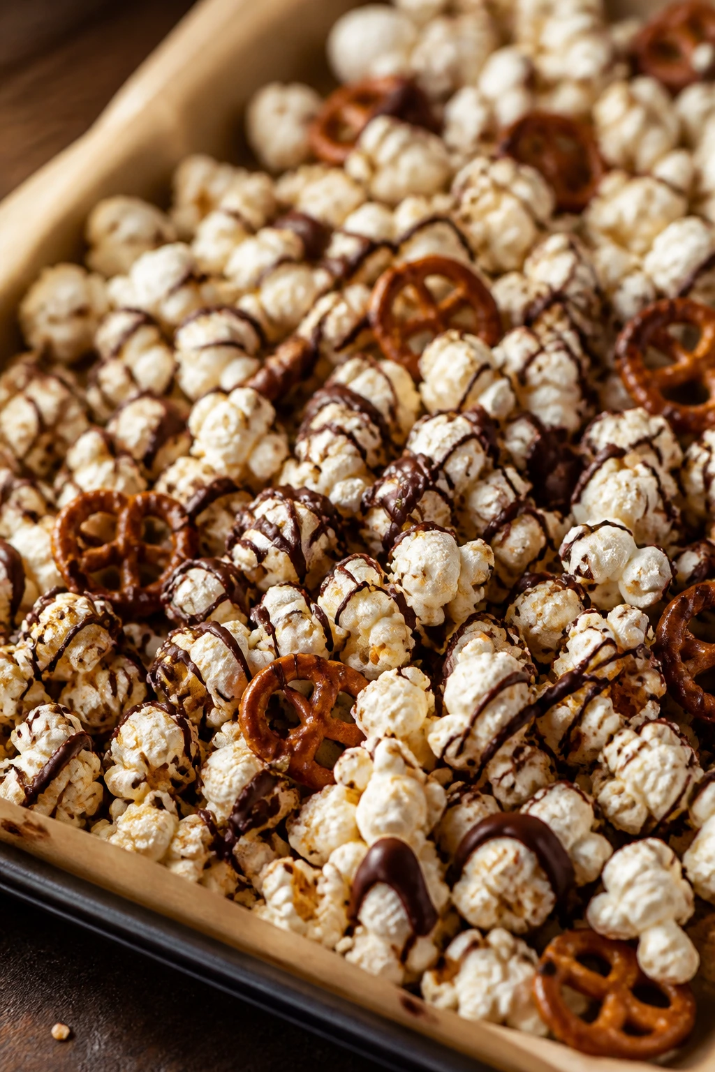 Popcorn with chocolate drizzle and pretzels on a tray
