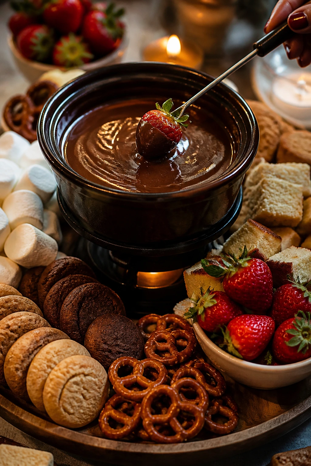 Fondue board with melted chocolate and dipping items