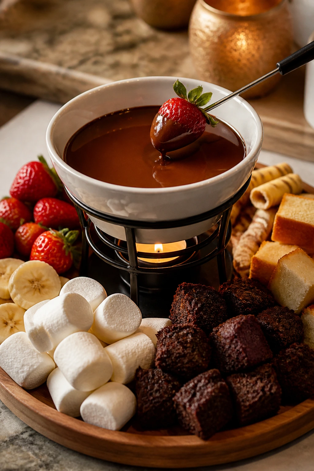 Chocolate fondue with dipping items arranged on a rustic board