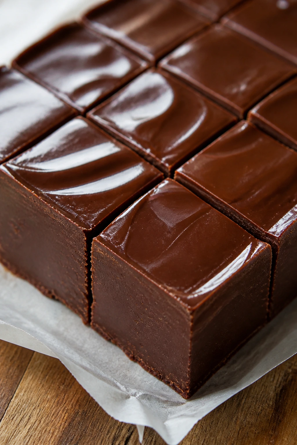 Glossy chocolate fudge slab on parchment on wooden surface