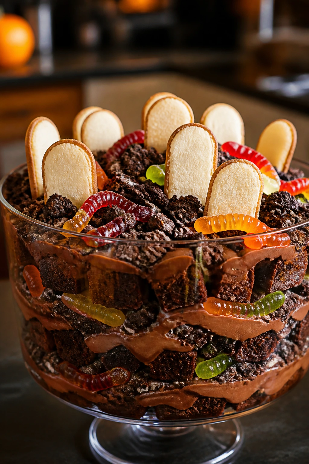 Close-up chocolate graveyard Oreo trifle in a glass bowl