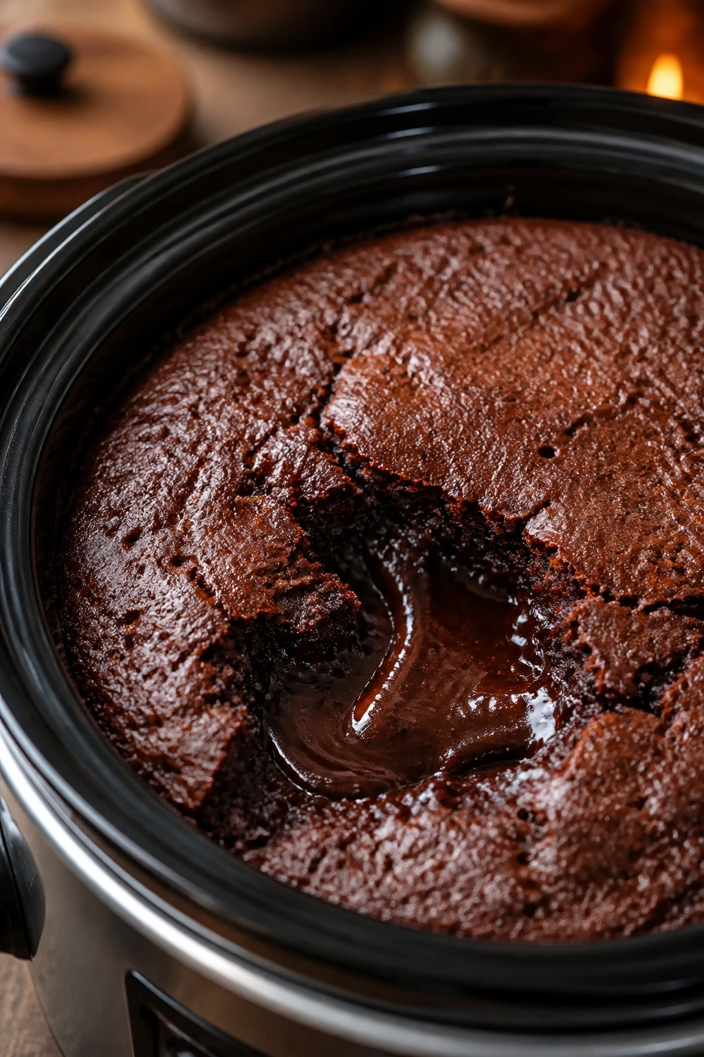 Close-up of a rich chocolate lava cake in a slow cooker insert