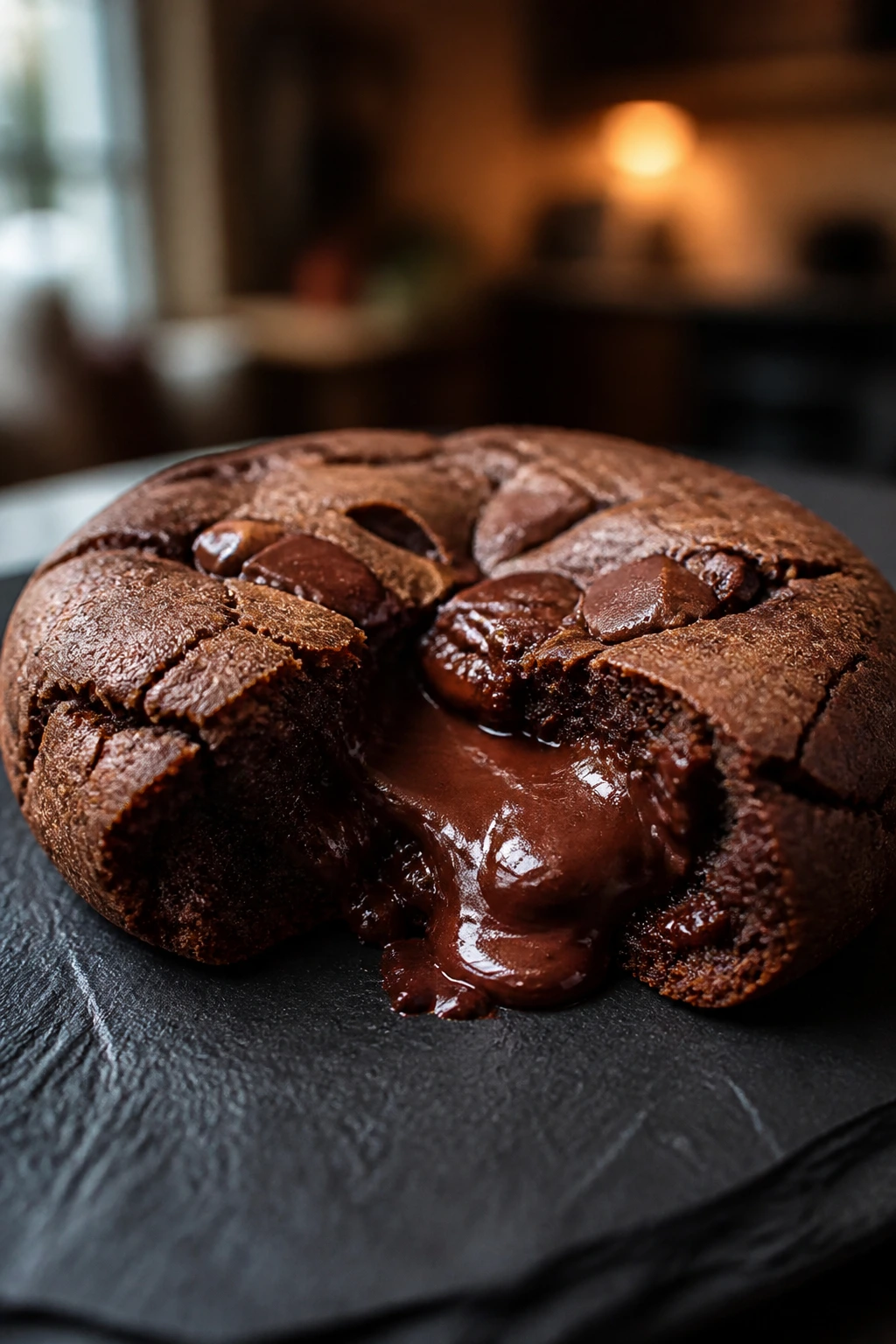 Gooey-centered chocolate lava cookie on a dark slate plate