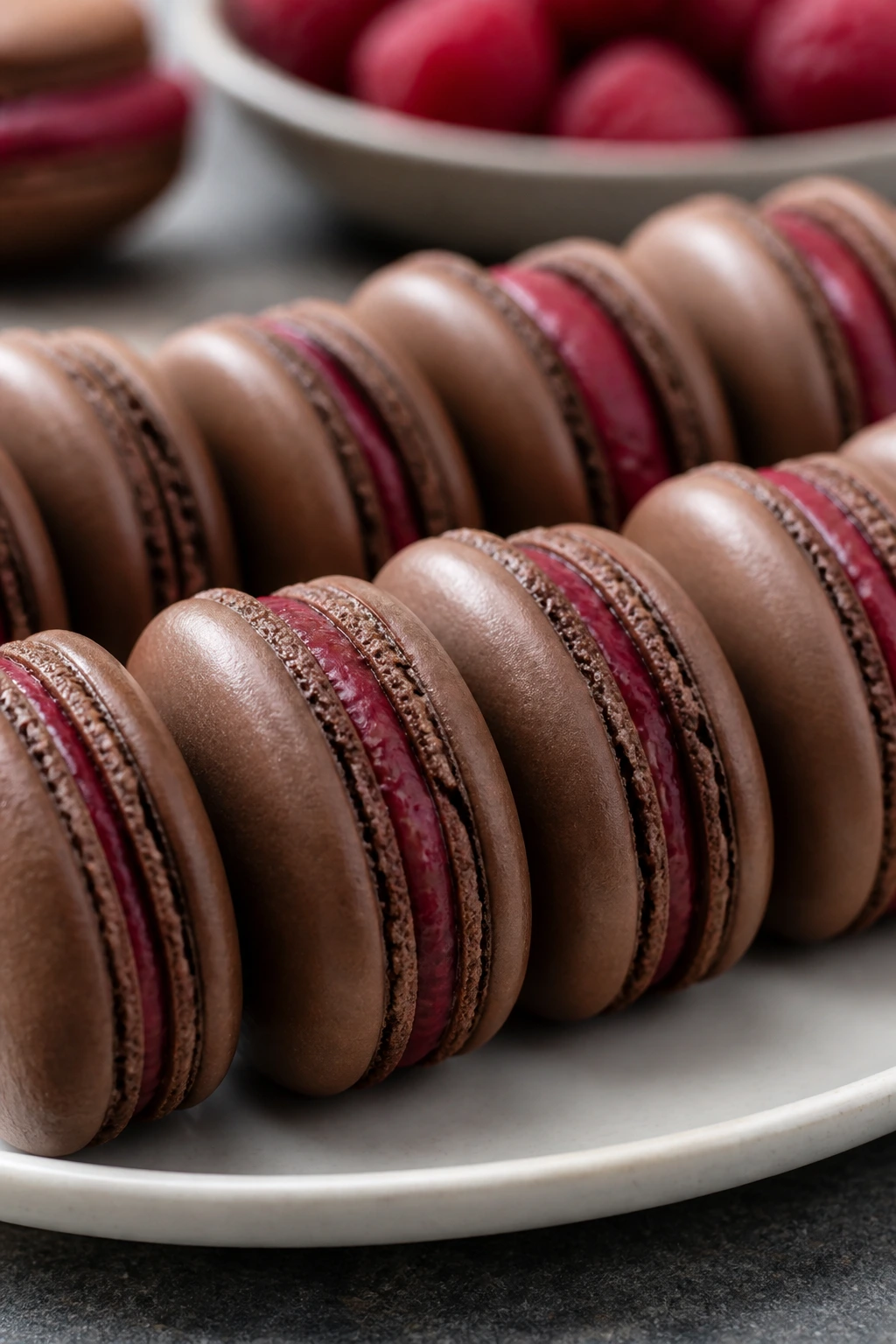 Close-up of chocolate macarons with raspberry filling on a plate