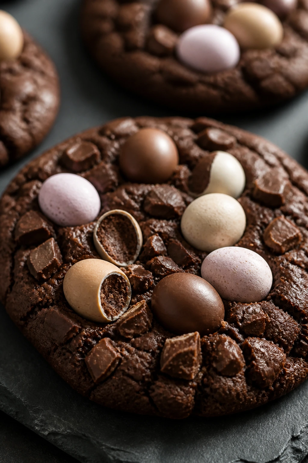 Close-up of Chocolate Malt Egg Cookies with mini eggs on a slate board