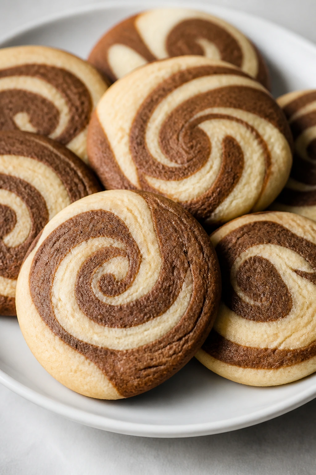Close-up of chocolate marble swirl cookies on a plate
