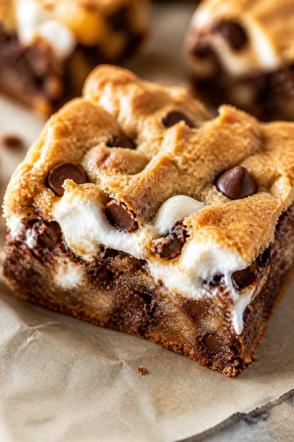 Close-up of Chocolate Chip Marshmallow Bars with chocolate chips and marshmallow pockets