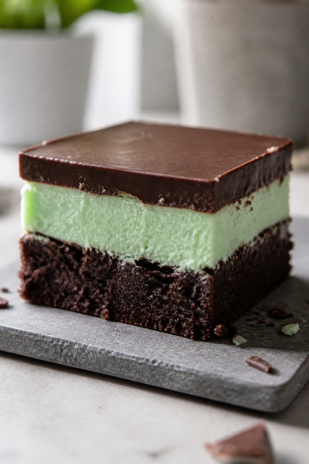 Close-up of chocolate mint bar showing dark base and mint filling