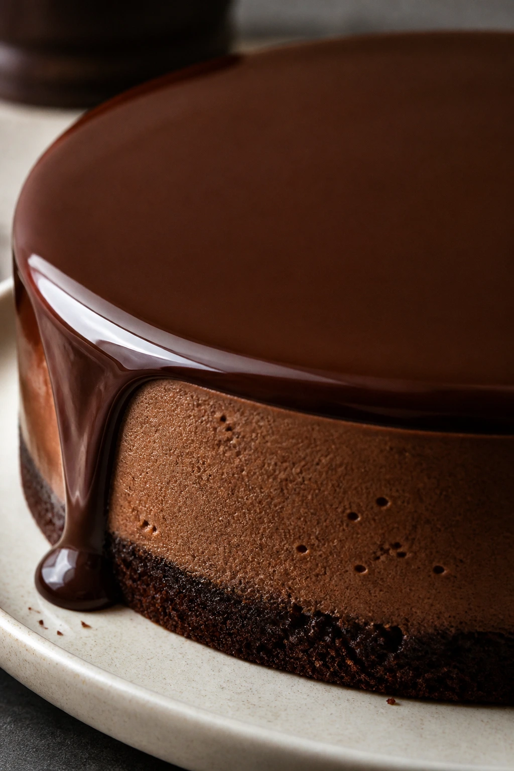 Chocolate mousse cake with a glossy mirror glaze.