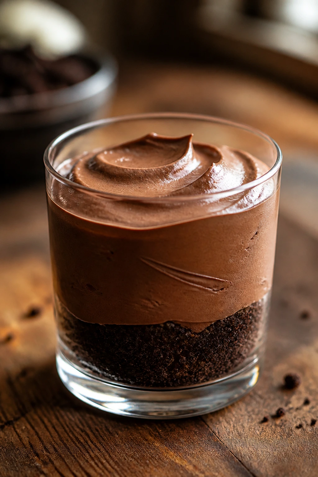 Close-up chocolate mousse cup with crumb base on rustic counter