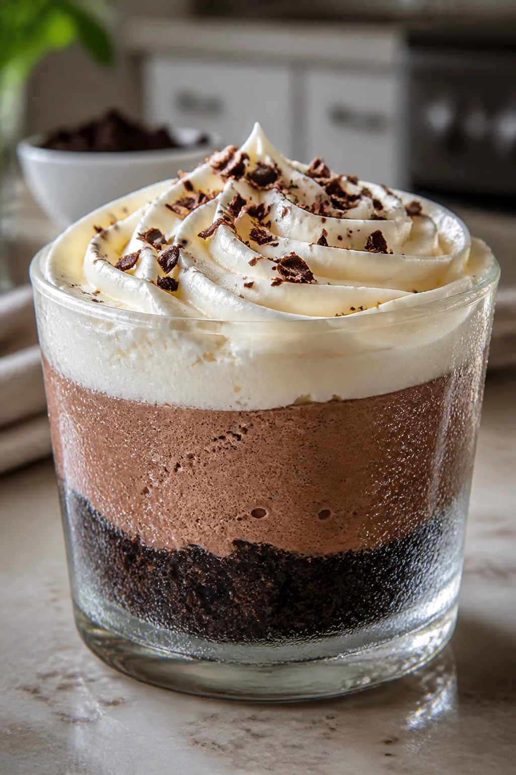 Close-up of a glass chocolate mousse cup with clear layers and frosting