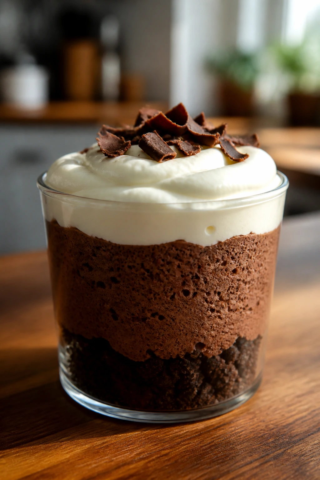 Close-up of a chocolate mousse cup showing layered crumb base, mousse, and cream cheese topping in a kitchen setting