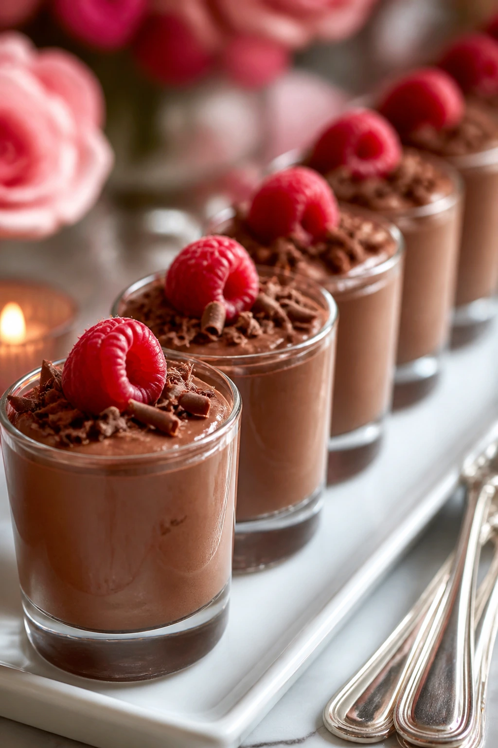Close-up of mini chocolate mousses cups on a white tray
