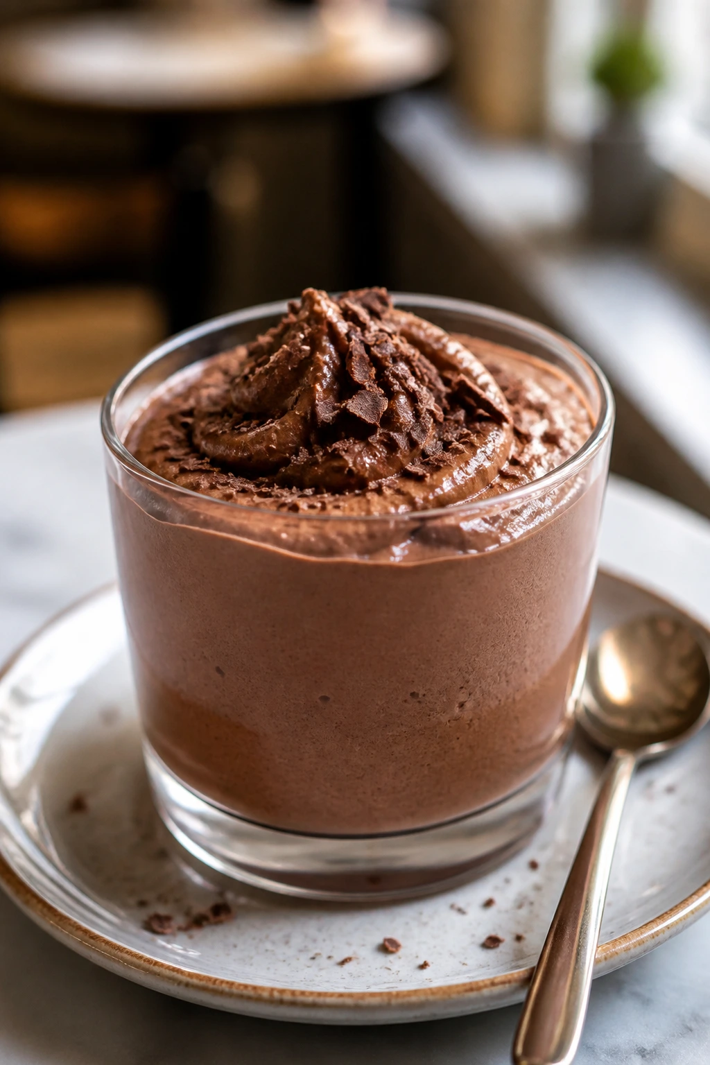 Close-up of a chocolate mousse cup topped with shaved chocolate