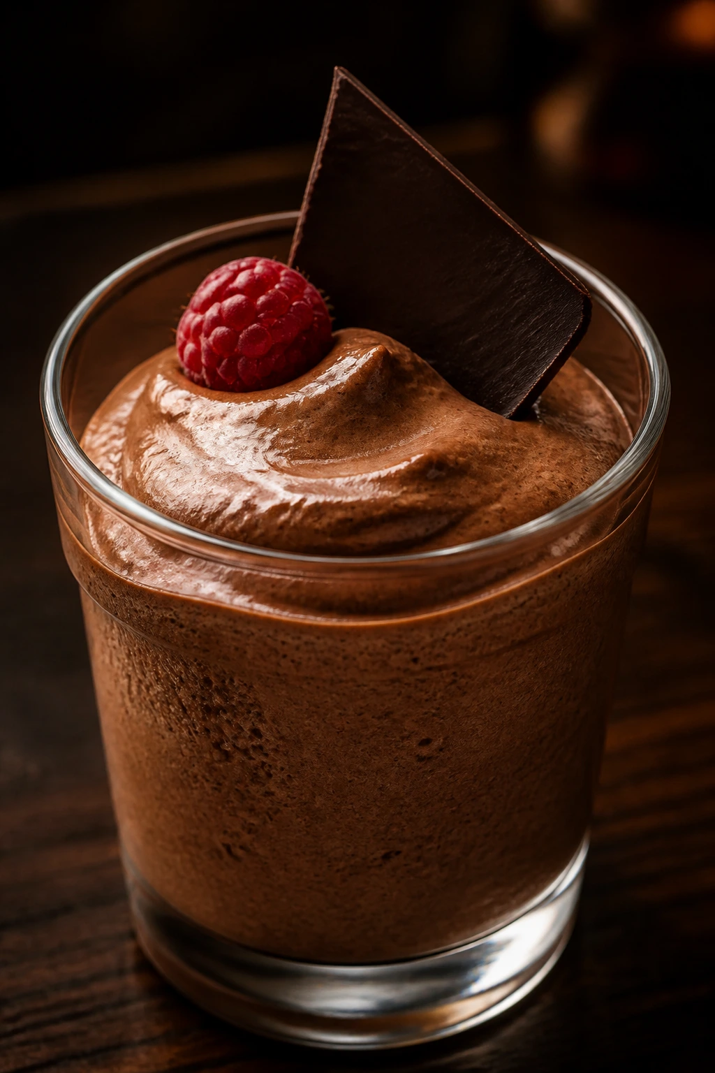 Chocolate mousse cup in glass with whipped texture and berry topping