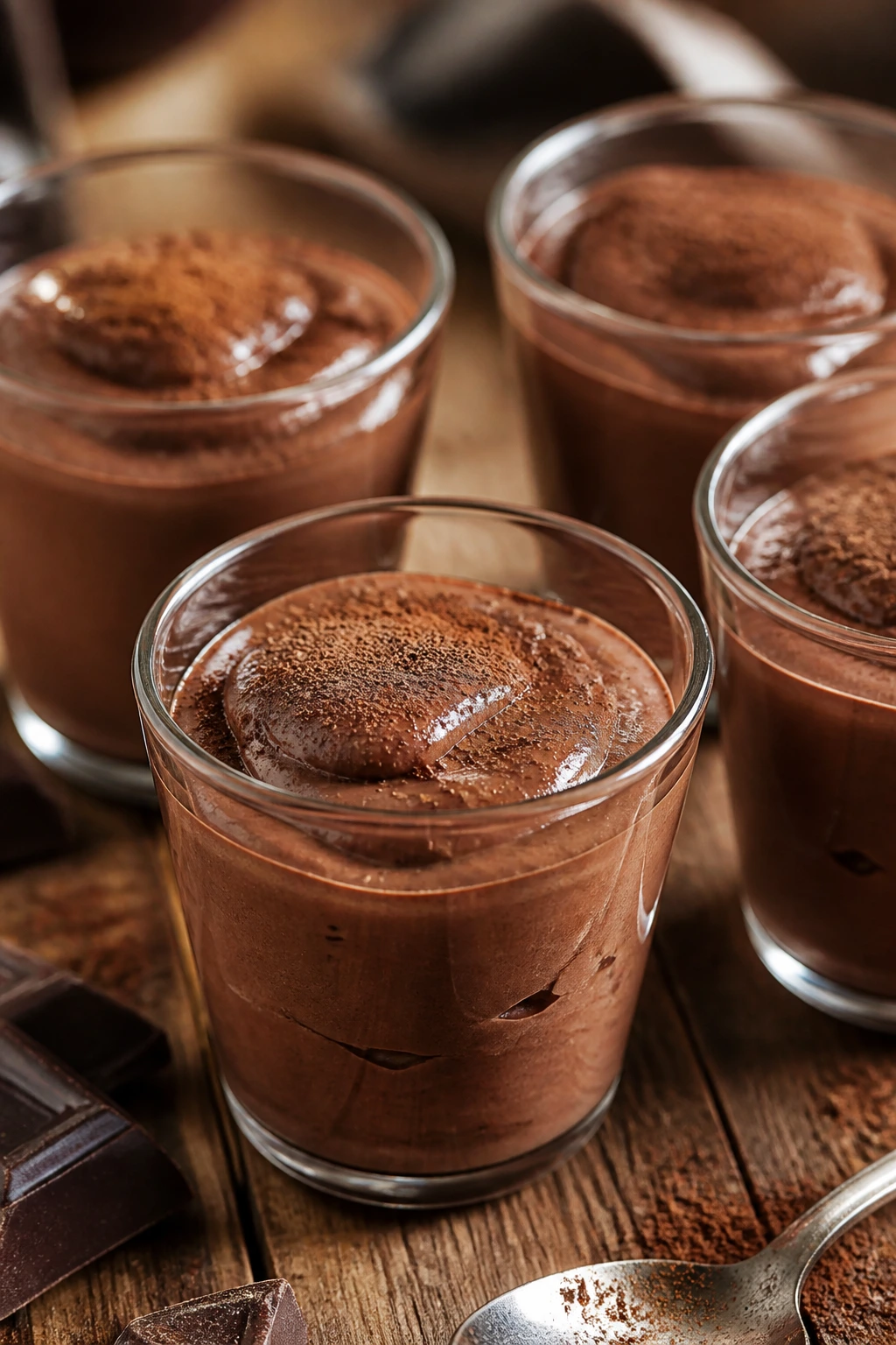 Glossy chocolate mousse in dessert cups with cocoa dusting