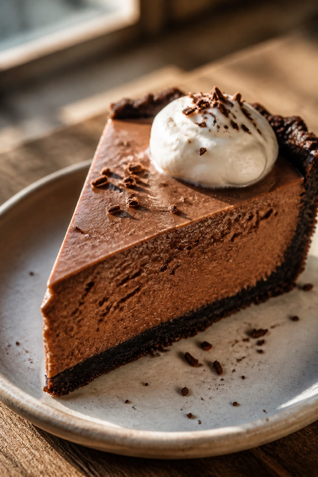 Slice of chocolate mousse pie on plate, crust visible.
