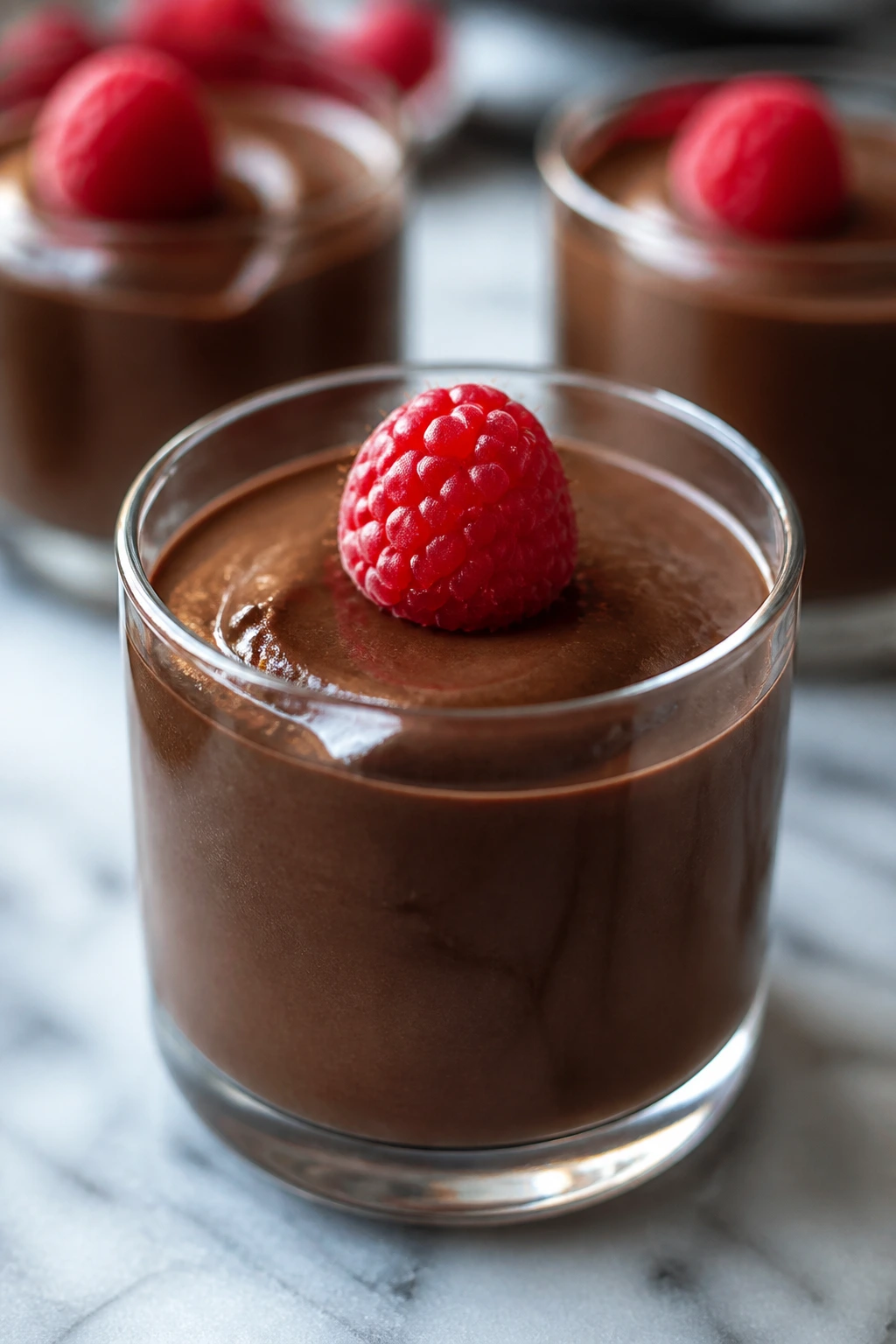 Glossy chocolate mousse cup topped with a raspberry