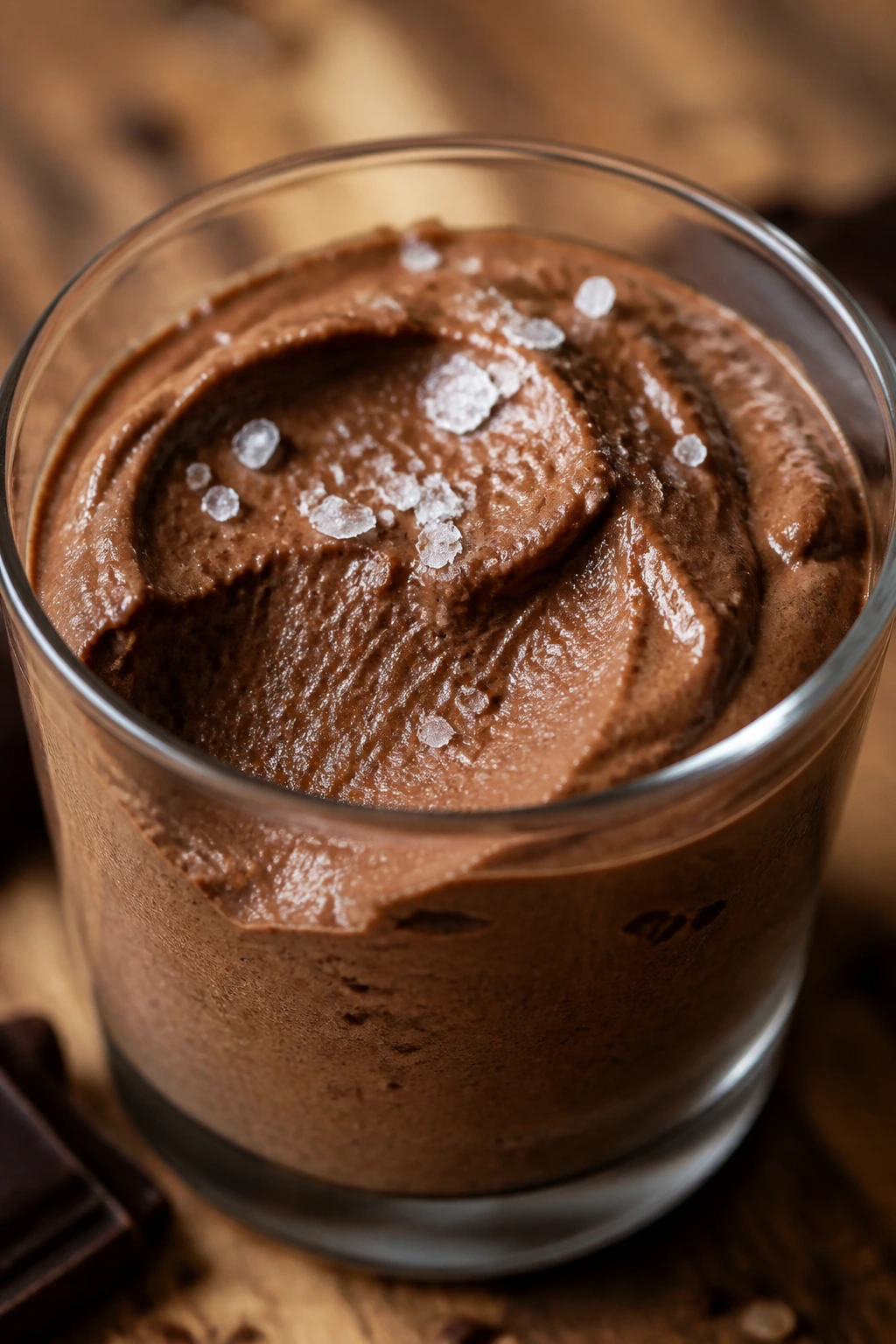 Chocolate mousse in a glass with sea salt on top