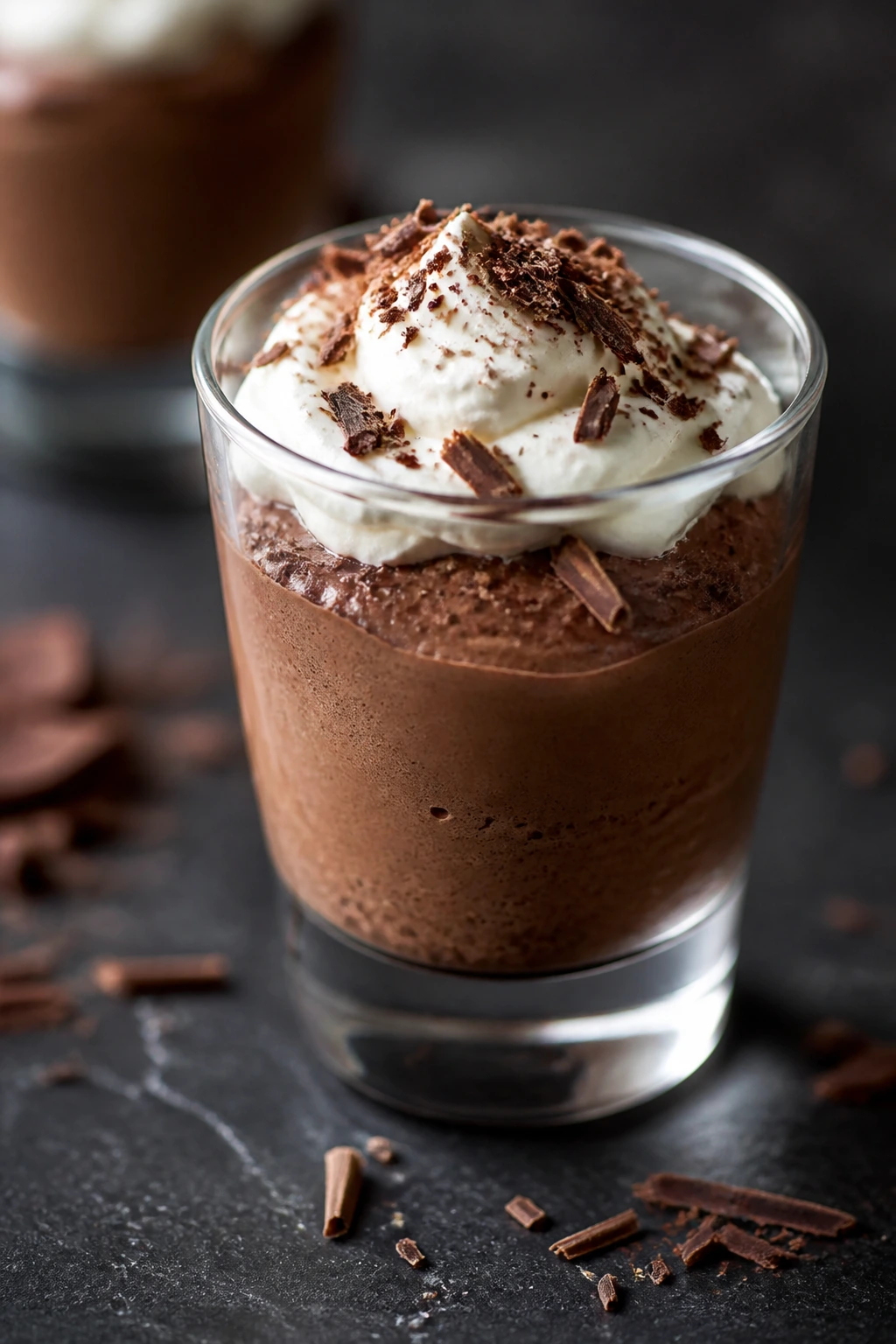 Close-up of a chocolate mousse shooter in a glass with whipped cream