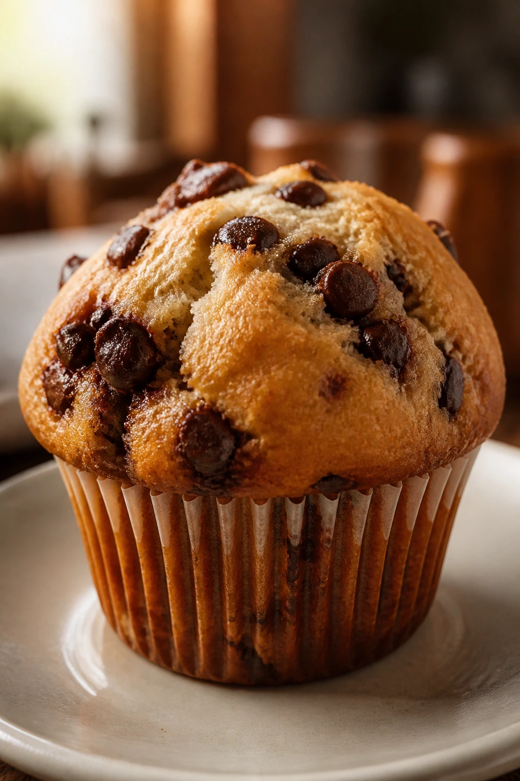 Chocolate chip muffin close-up on plate in warm kitchen