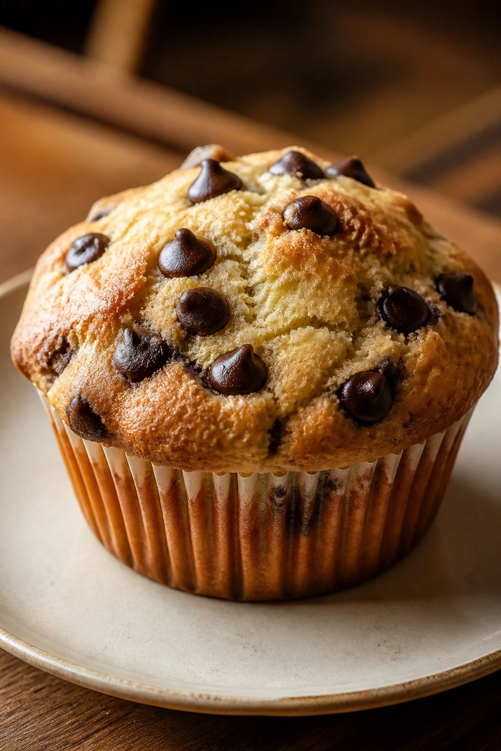 Close-up of a soft chocolate chip sour cream muffin with visible chips