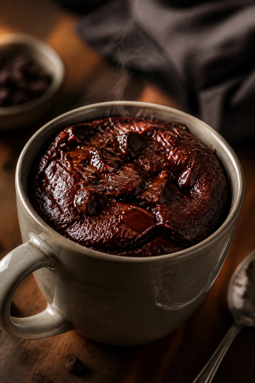 Close-up of a steaming chocolate mug cake in a large mug