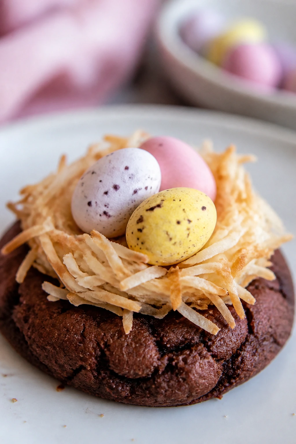 Close-up of a chocolate nest cookie with mini eggs on a light plate