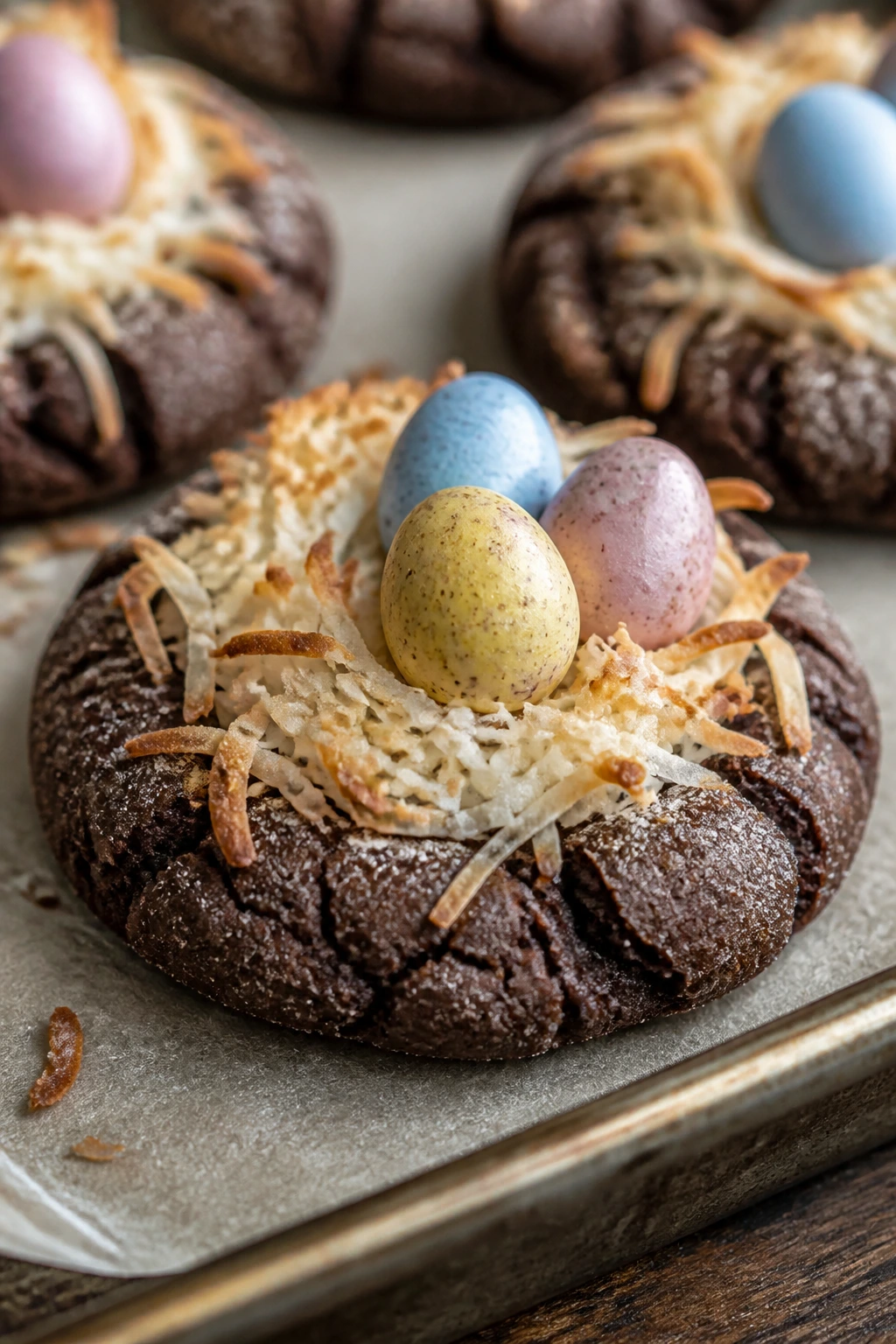 Close-up of a chocolate egg nest cookie with toasted coconut and mini eggs.