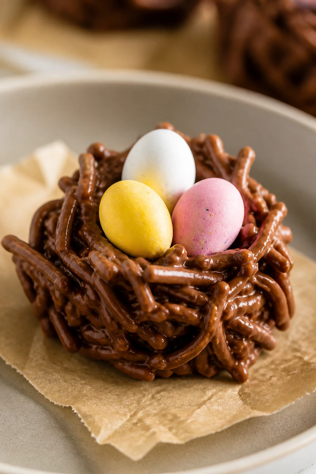Close-up of a chocolate nest with pastel candy eggs on a plate
