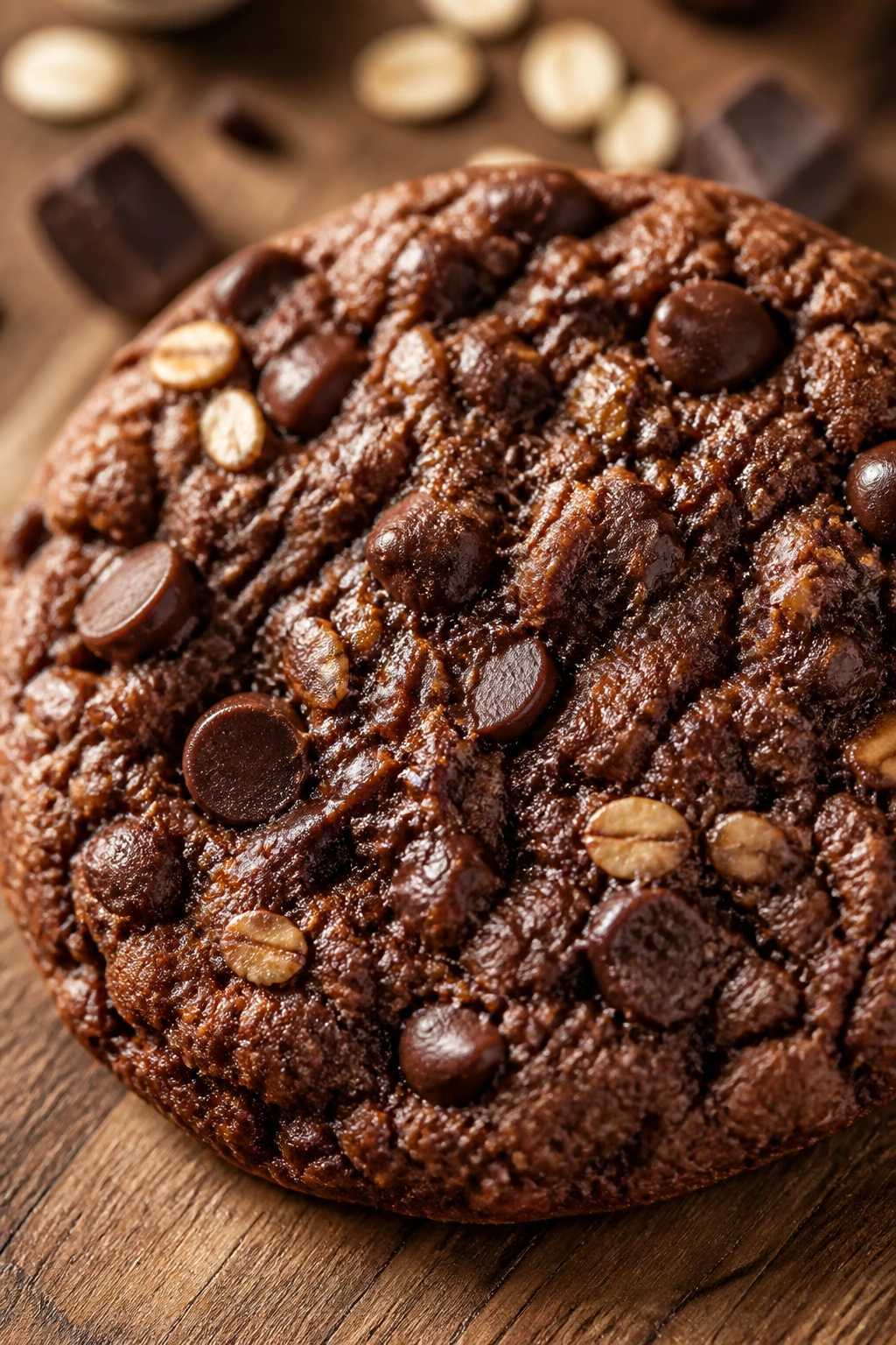 Close-up of a thick chewy chocolate oatmeal cookie on a wooden board