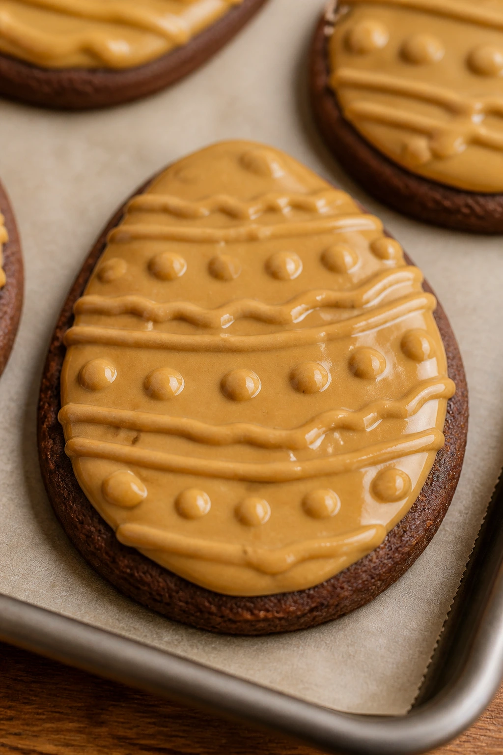 Close-up of chocolate peanut butter Easter egg cookie with glossy glaze