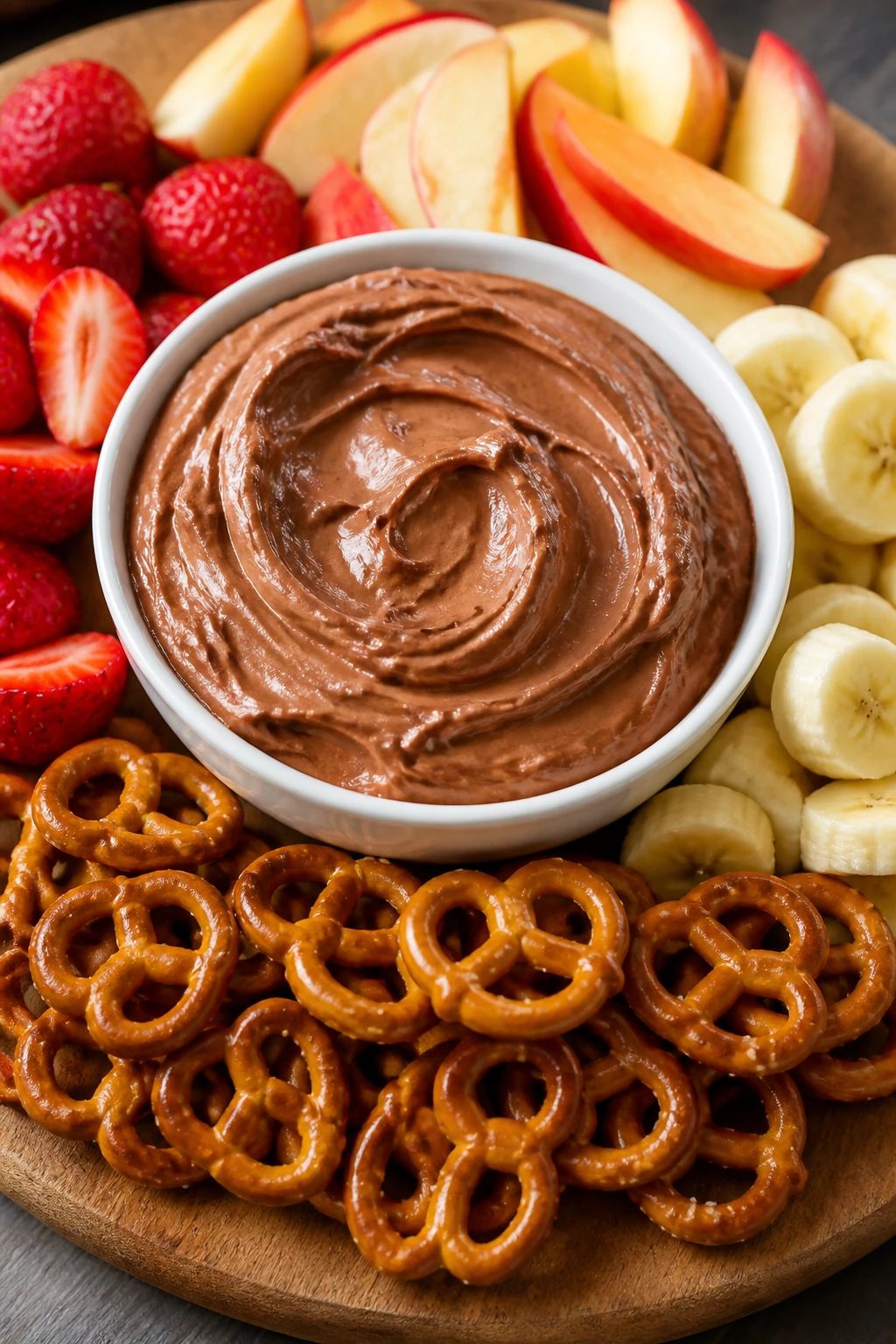 Close-up of Chocolate Peanut Butter Dip with fruit plate