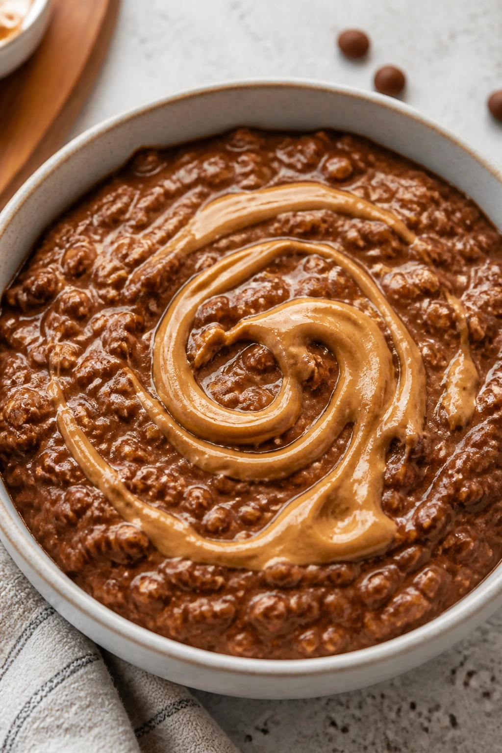 Chocolate peanut butter oatmeal close-up in cozy kitchen