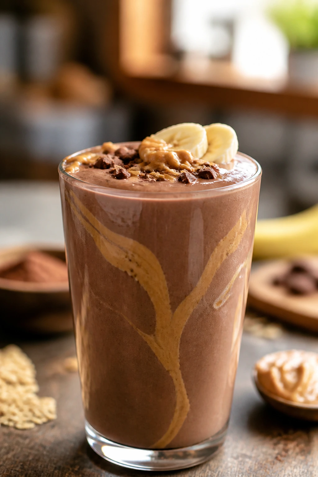 Close-up of chocolate peanut butter breakfast shake in glass