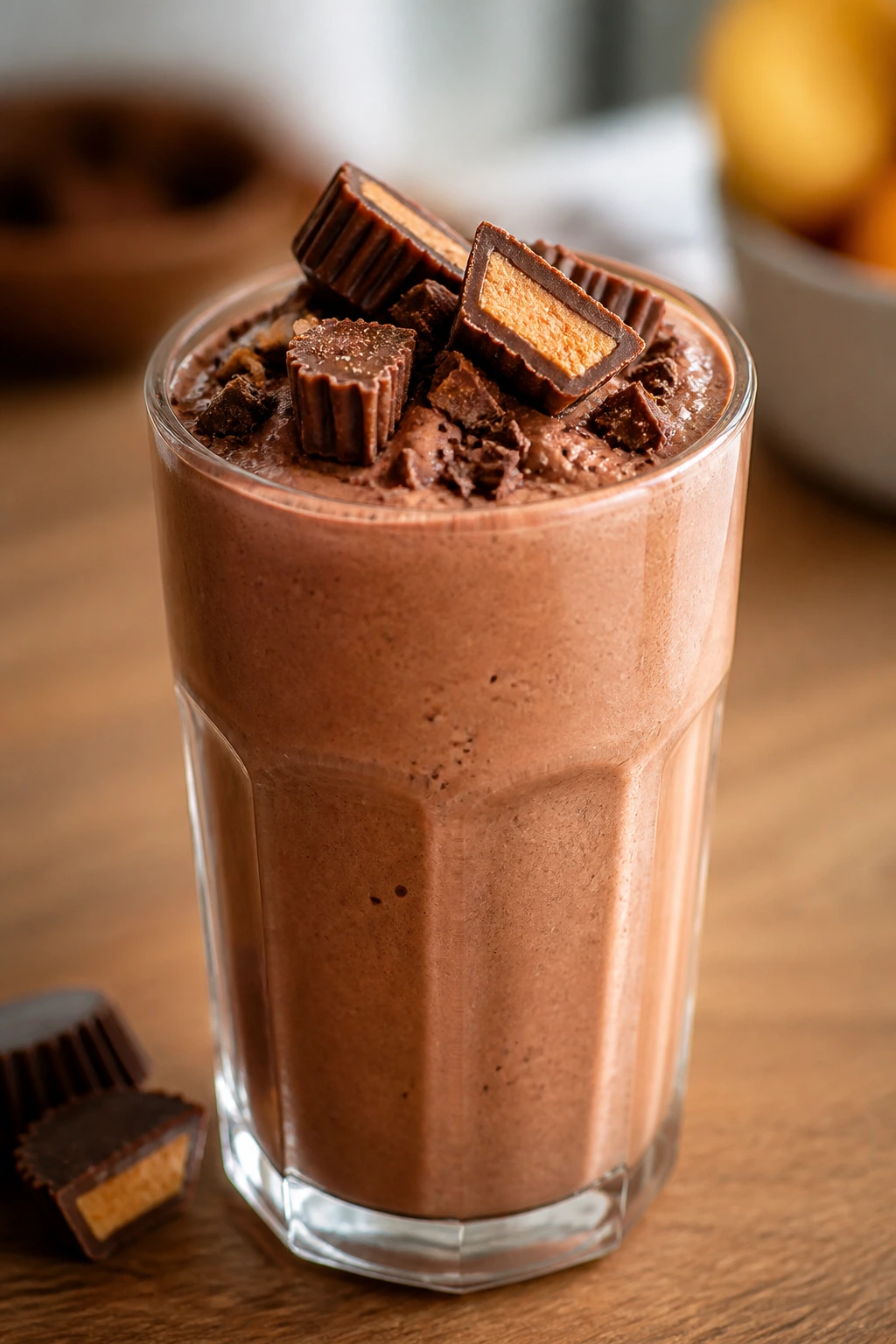 Thick chocolate peanut butter smoothie in a glass on a kitchen counter.