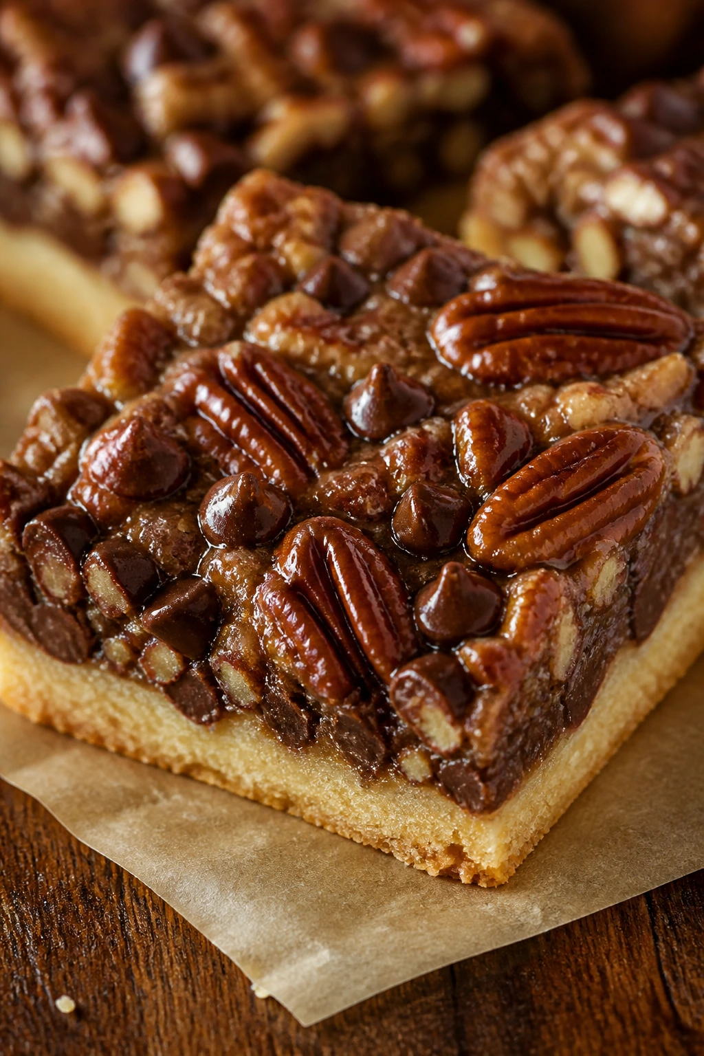 Close-up of chocolate pecan pie bars on parchment