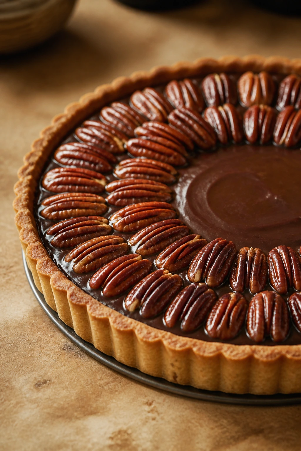 Close-up of chocolate pecan tart with glossy filling and pecan topping
