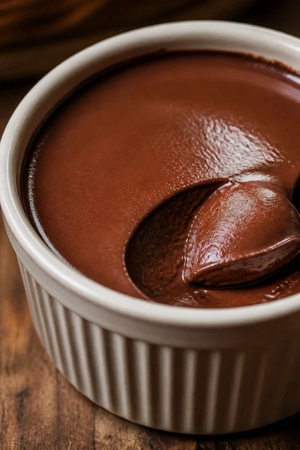 Glossy chocolate pots de crème in a ramekin on wood