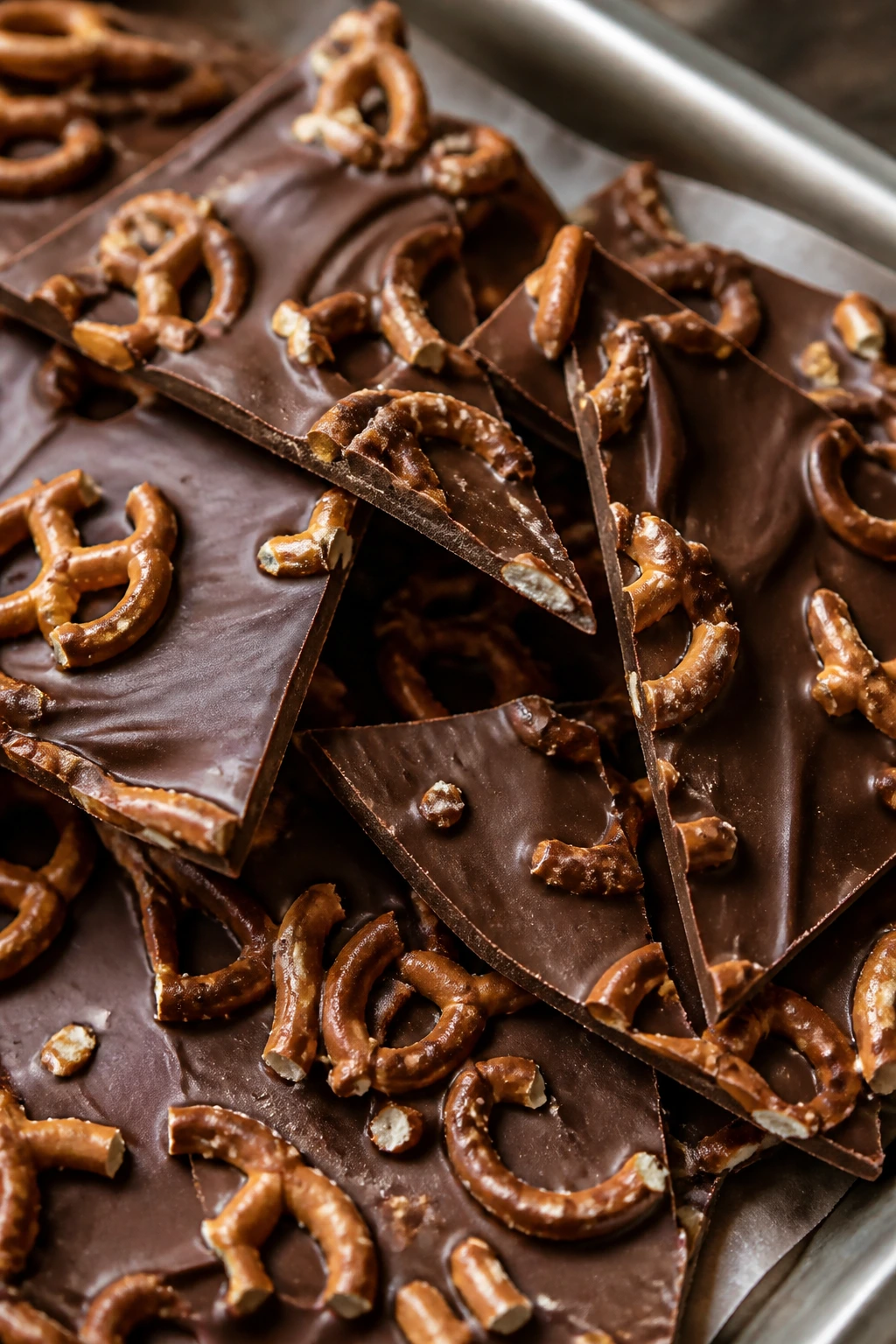 Close-up of chocolate-dipped pretzel bark with pretzel pieces