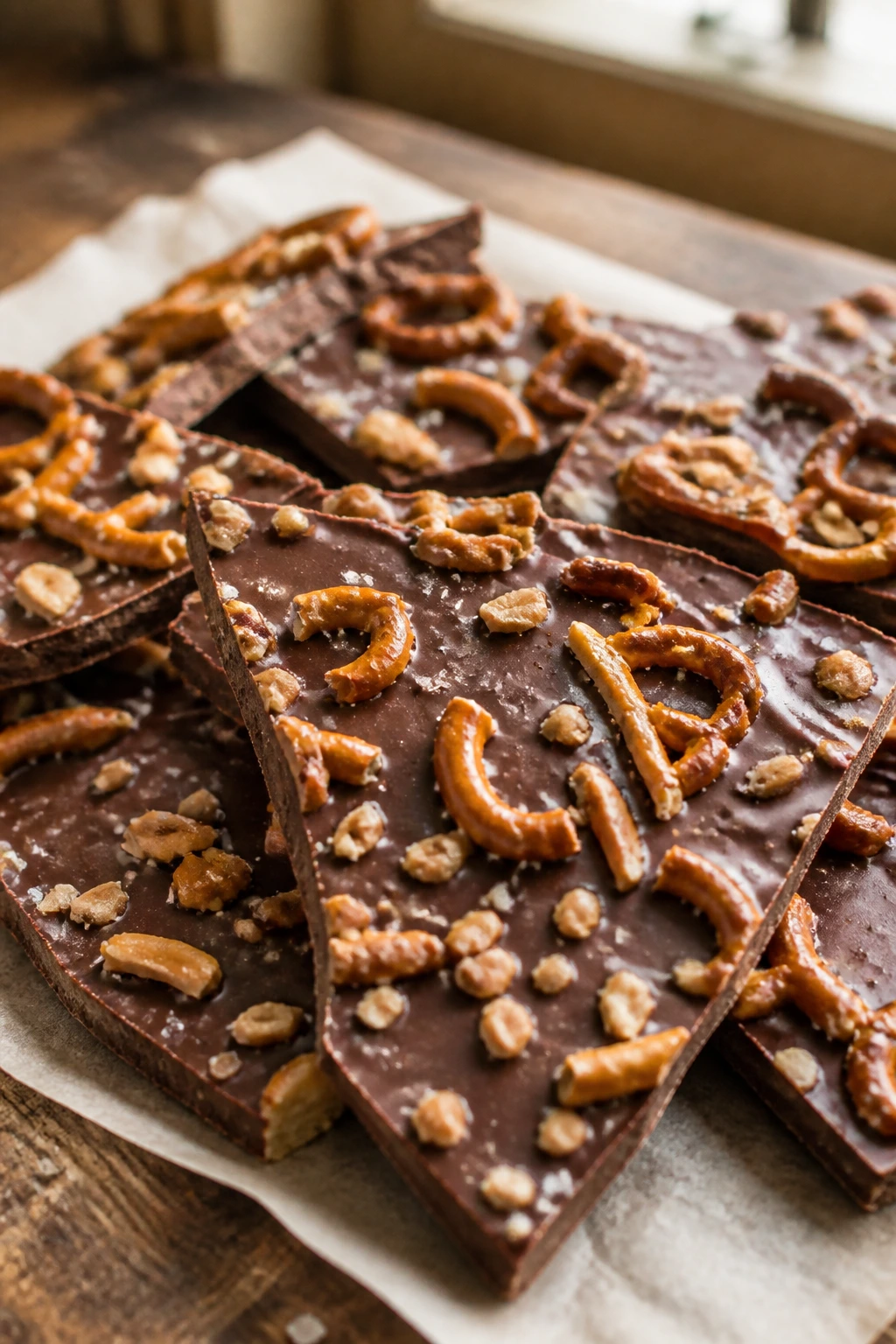 Close-up of chocolate pretzel bark with pretzels and peanuts on parchment