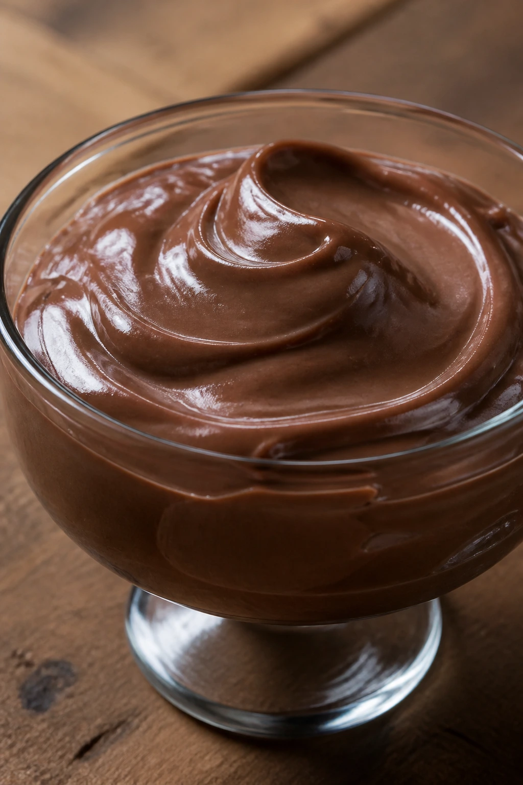 Silky chocolate pudding in a glass cup on wood.