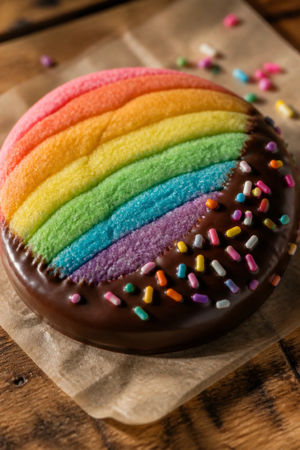 Close-up of a chocolate-dipped rainbow sugar cookie with sprinkles on parchment