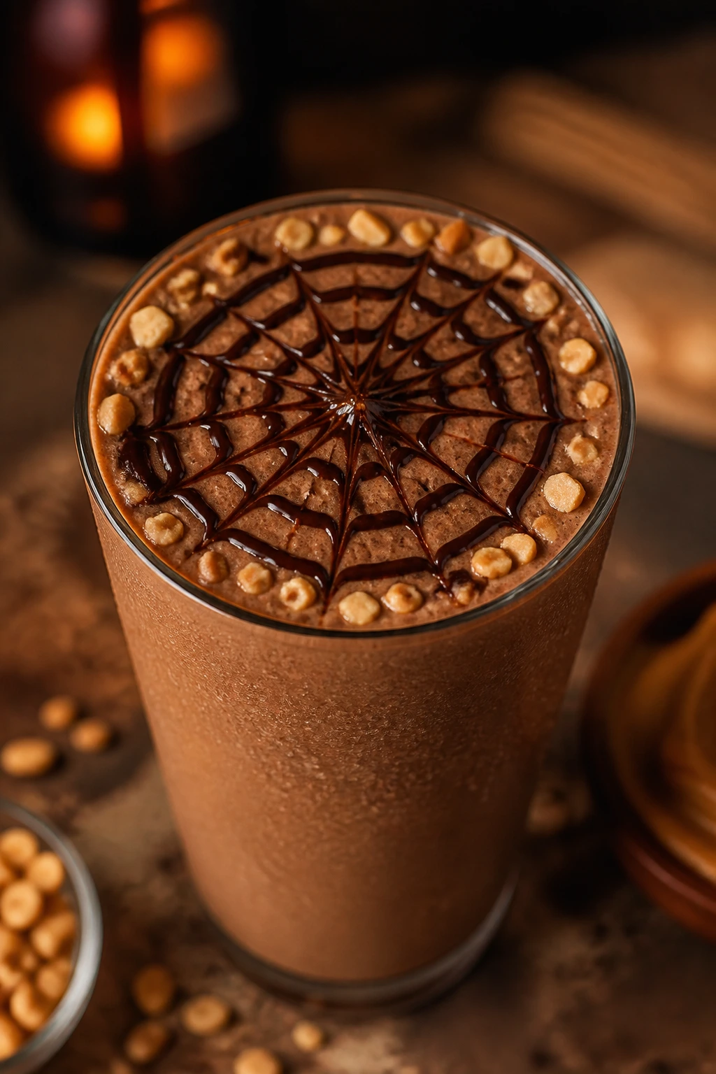 Close-up of dark chocolate smoothie with spiderweb drizzle in glass