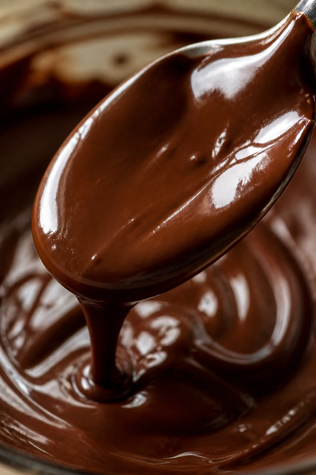Glossy spoonful of dark melted chocolate in a kitchen setting