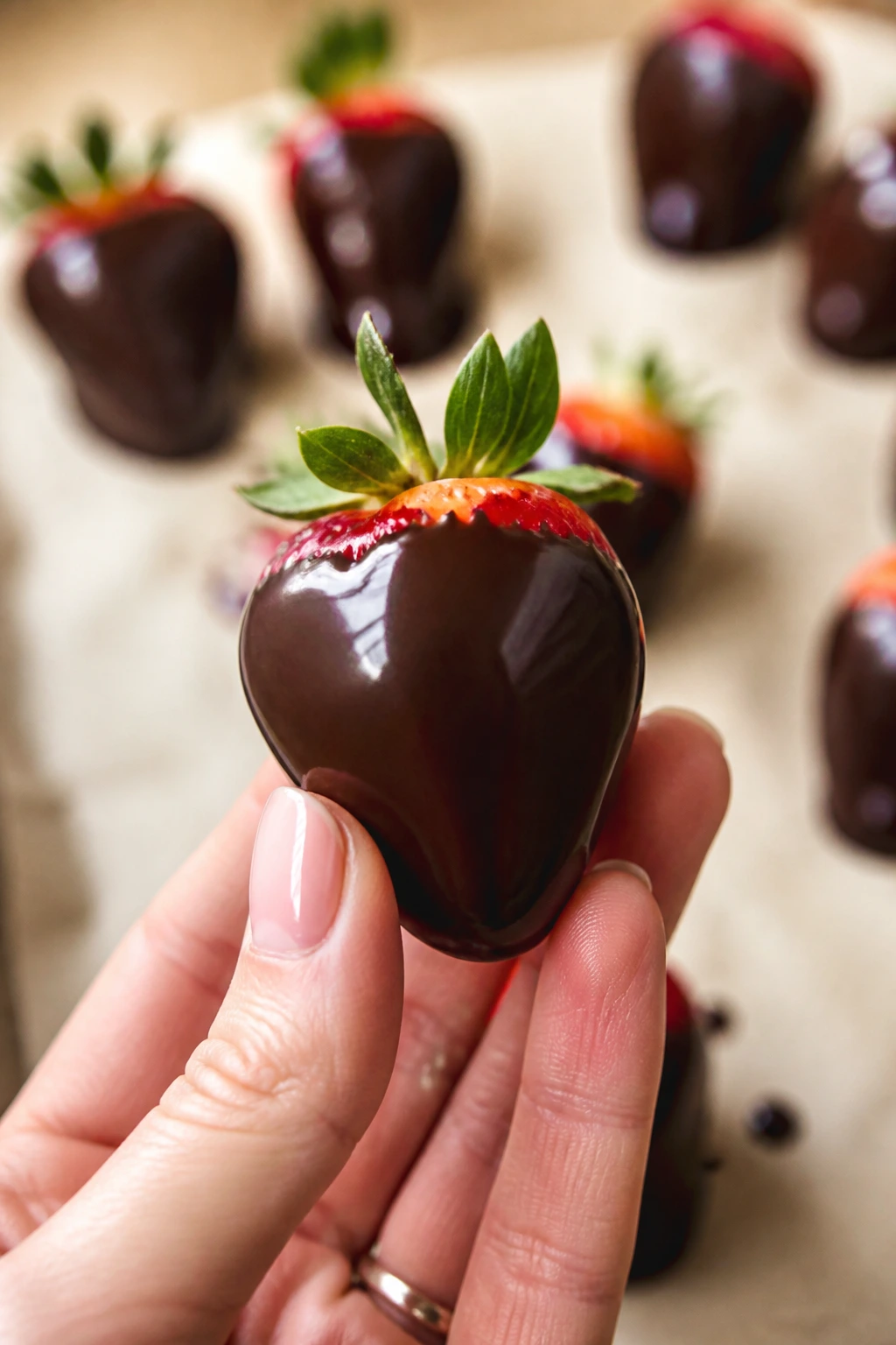 Close-up of a chocolate-dipped strawberry held by a hand, glossy finish