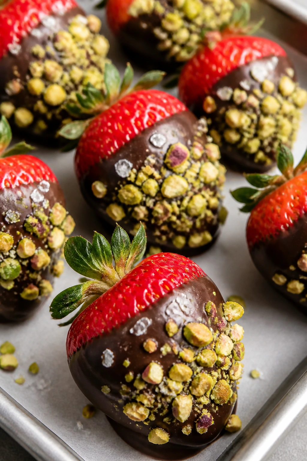 Glossy chocolate-dipped strawberries with pistachio crunch